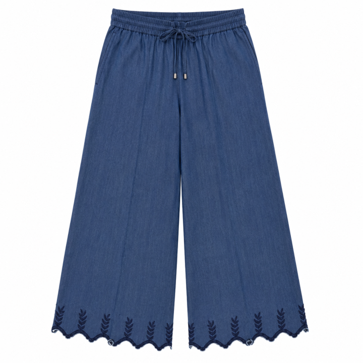 Women's Bell Bottom Plazo Pants I Cotton Indigo Denim Pants with Embroidery I Elastic Waist Wide Leg Bottom Wear