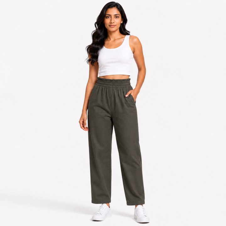 Women's Cotton Slub Lycra Straight Fit Pants I Elastic Waistband I Functional Pockets