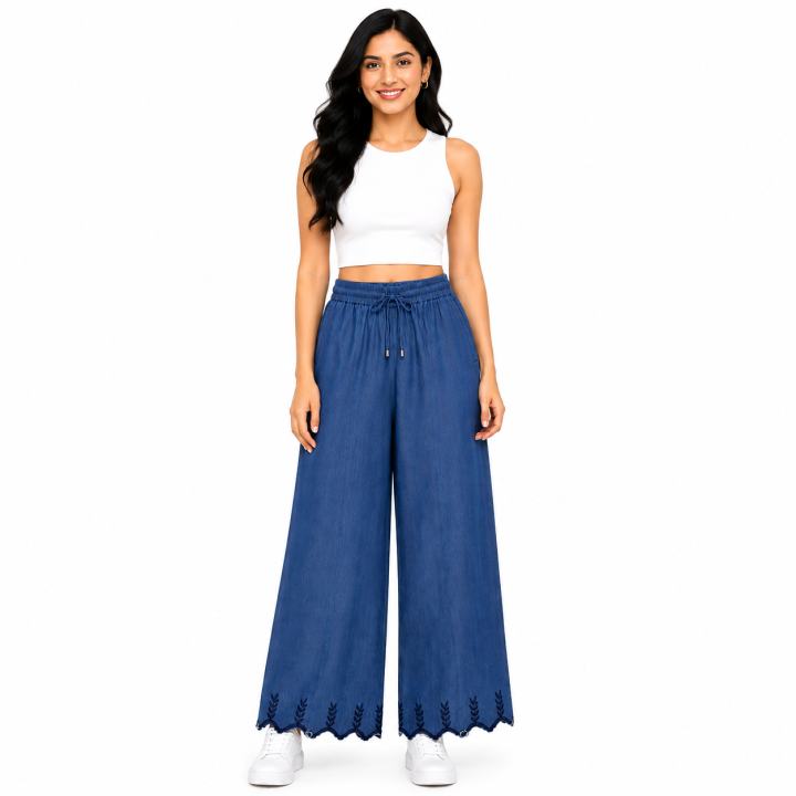 Women's Bell Bottom Plazo Pants I Cotton Indigo Denim Pants with Embroidery I Elastic Waist Wide Leg Bottom Wear