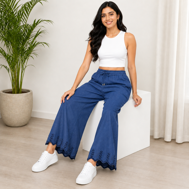 Women's Bell Bottom Plazo Pants I Cotton Indigo Denim Pants with Embroidery I Elastic Waist Wide Leg Bottom Wear