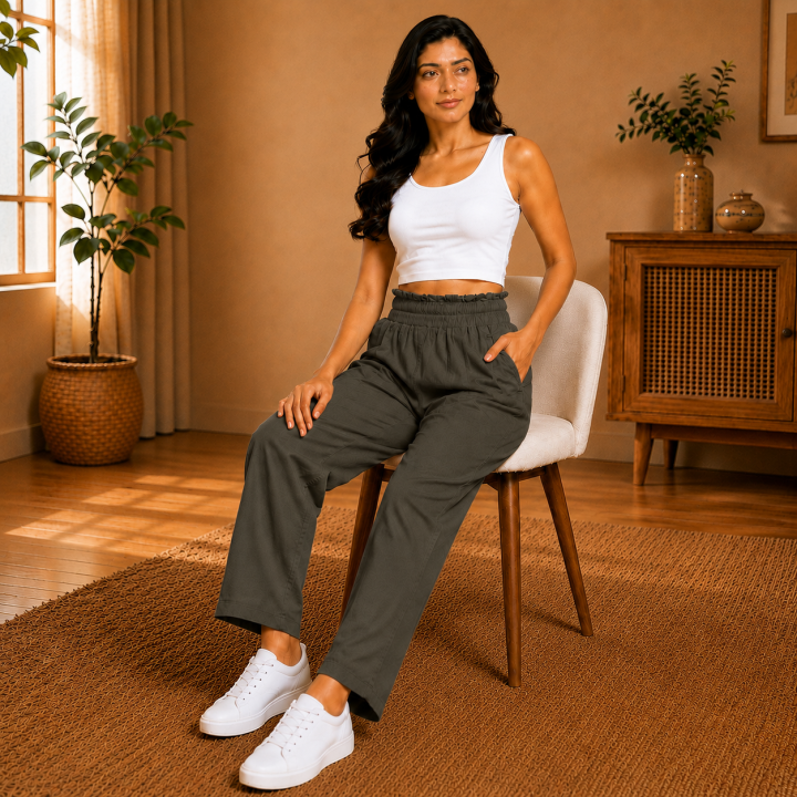 Women's Cotton Slub Lycra Straight Fit Pants I Elastic Waistband I Functional Pockets