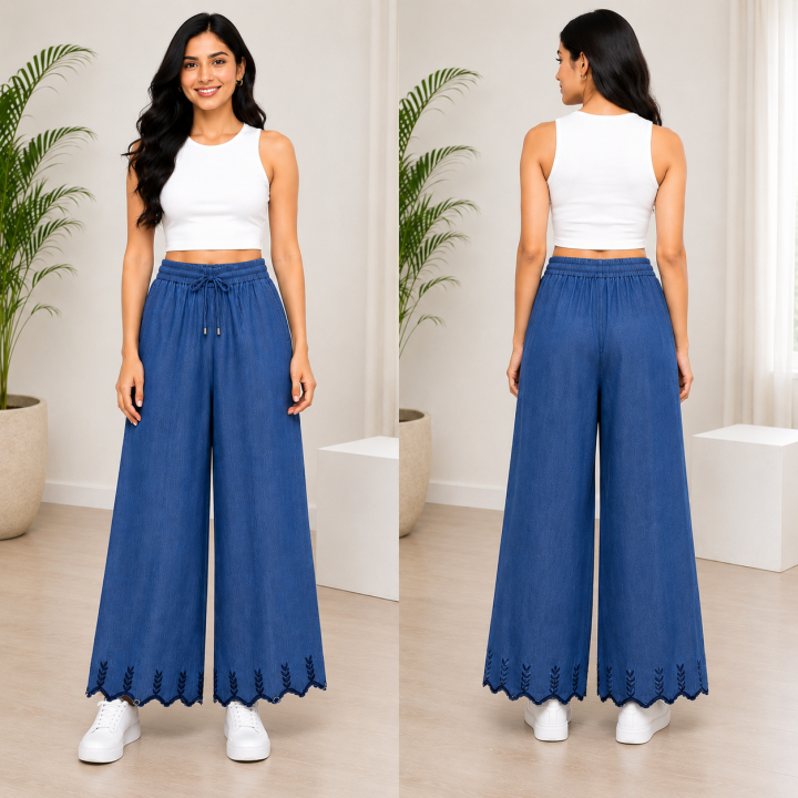 Women's Bell Bottom Plazo Pants I Cotton Indigo Denim Pants with Embroidery I Elastic Waist Wide Leg Bottom Wear
