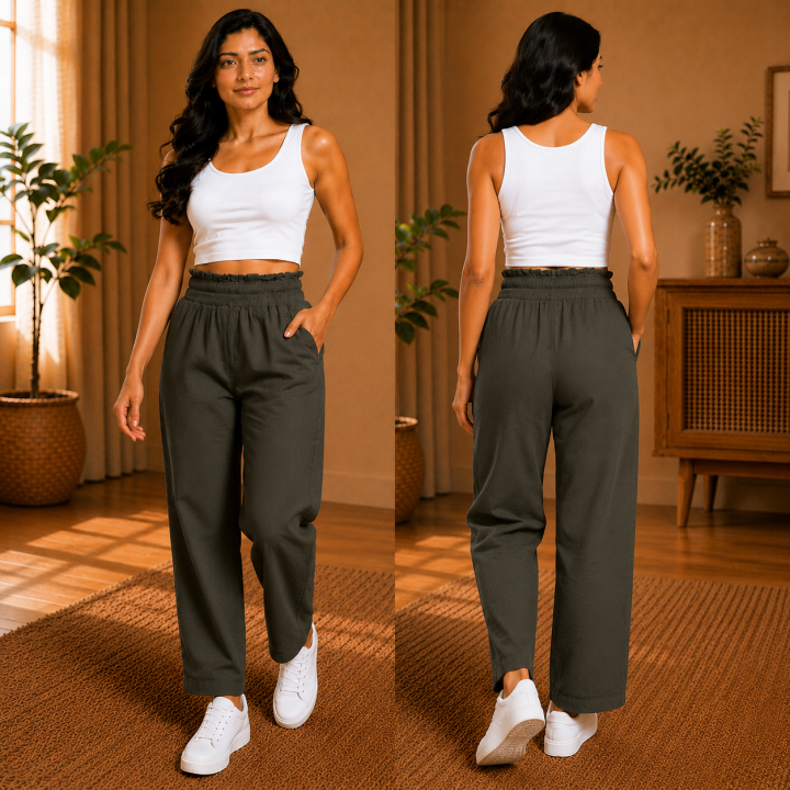 Women's Cotton Slub Lycra Straight Fit Pants I Elastic Waistband I Functional Pockets