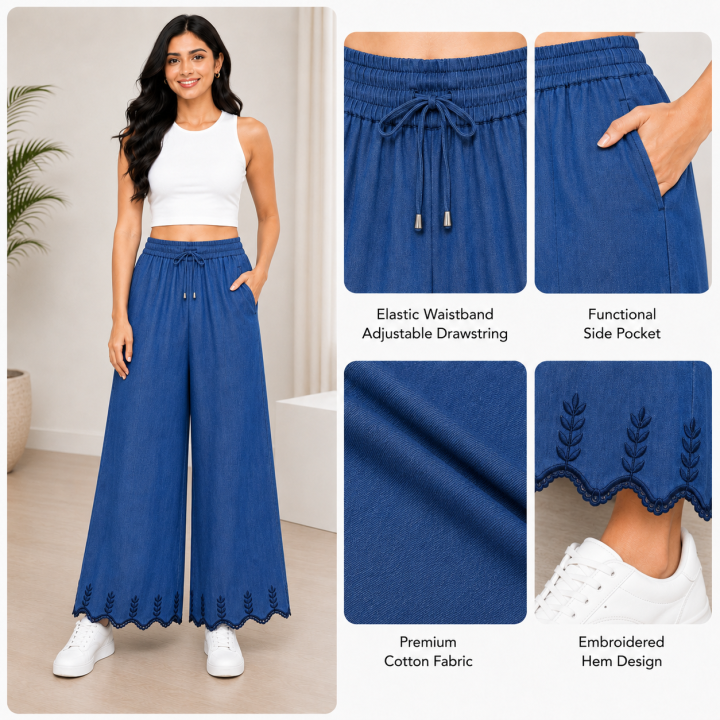 Women's Bell Bottom Plazo Pants I Cotton Indigo Denim Pants with Embroidery I Elastic Waist Wide Leg Bottom Wear