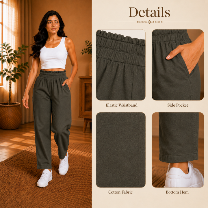 Women's Cotton Slub Lycra Straight Fit Pants I Elastic Waistband I Functional Pockets