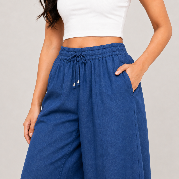 Women's Bell Bottom Plazo Pants I Cotton Indigo Denim Pants with Embroidery I Elastic Waist Wide Leg Bottom Wear
