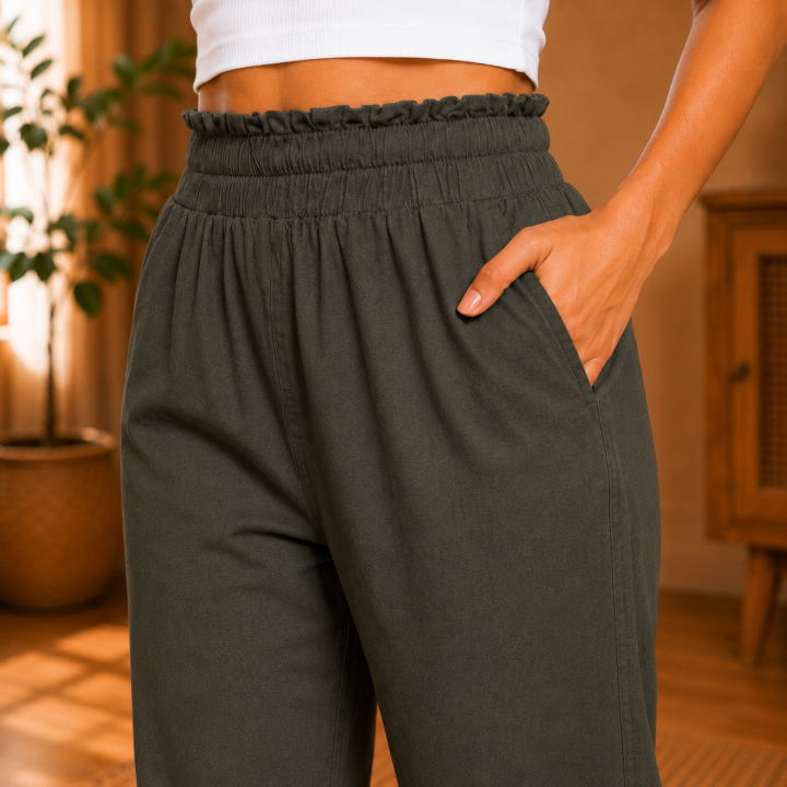 Women's Cotton Slub Lycra Straight Fit Pants I Elastic Waistband I Functional Pockets