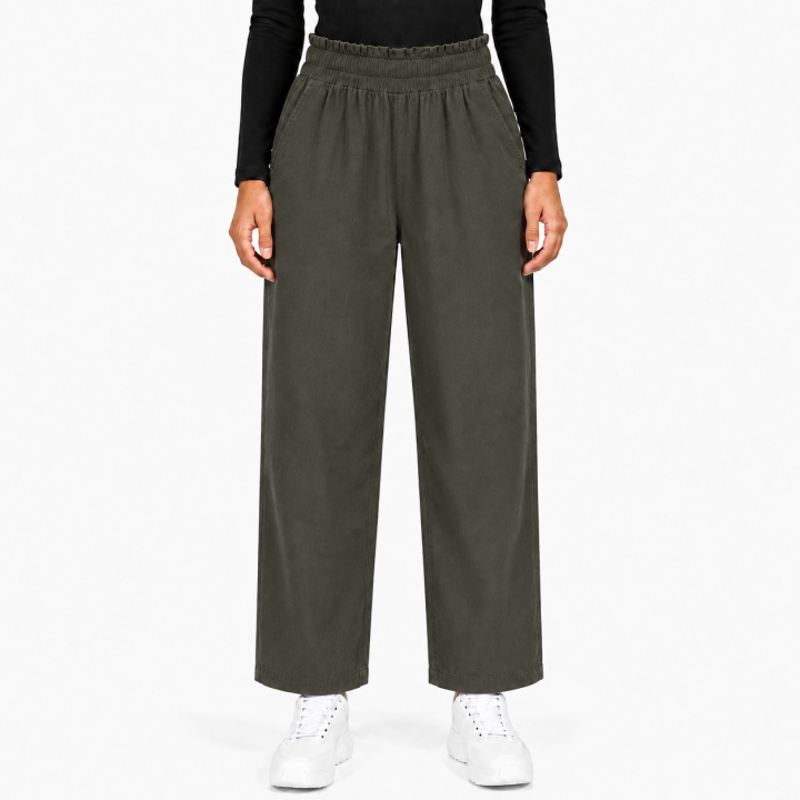 Women's Cotton Slub Lycra Straight Fit Pants I Elastic Waistband I Functional Pockets