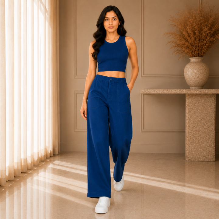 Women's 100% Cotton Double Cloth Loose Fit Wide Leg Palazzo Pants