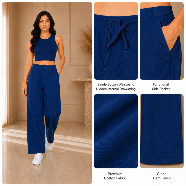 Women's 100% Cotton Double Cloth Loose Fit Wide Leg Palazzo Pants
