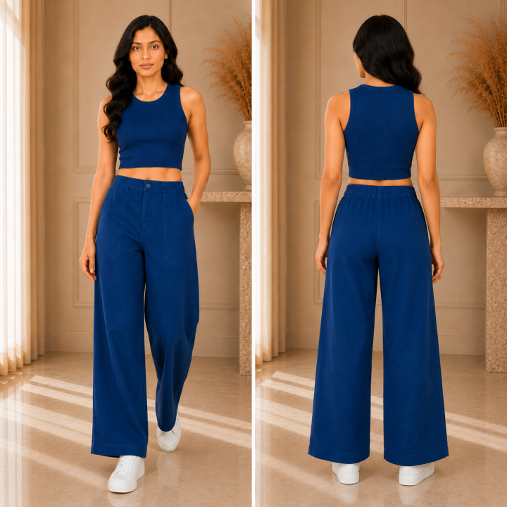 Women's 100% Cotton Double Cloth Loose Fit Wide Leg Palazzo Pants