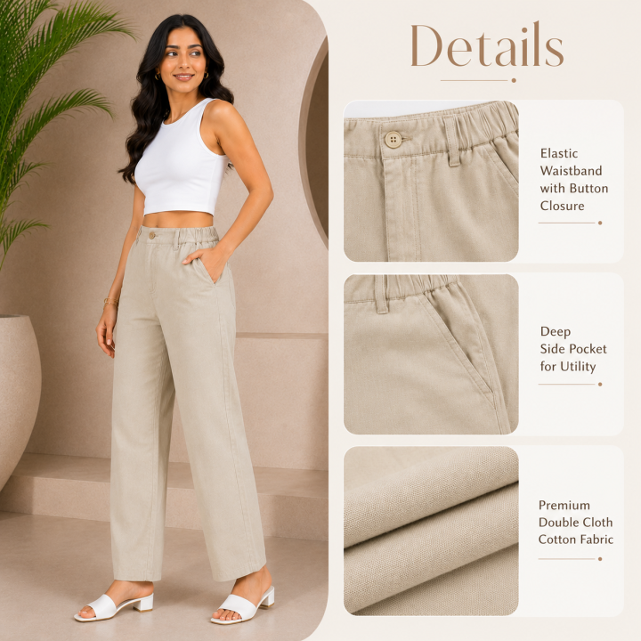 Women's 100 % Cotton Straight Fit Pants I Mid- Rise Design I Multi Pockets Pant