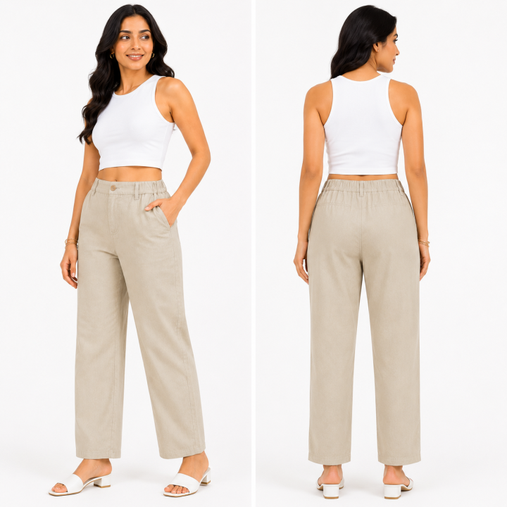 Women's 100 % Cotton Straight Fit Pants I Mid- Rise Design I Multi Pockets Pant