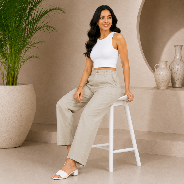 Women's 100 % Cotton Straight Fit Pants I Mid- Rise Design I Multi Pockets Pant