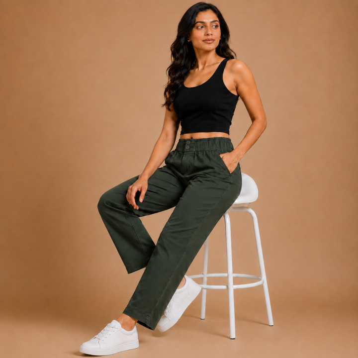 Women's 100 % Cotton Straight Fit Pants I Mid- Rise Design I Functional Pockets Pant