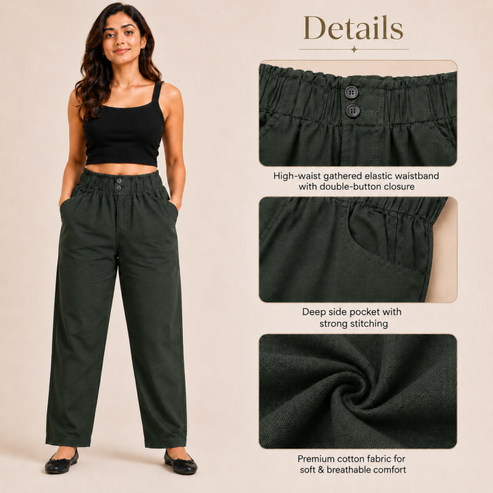 Women's 100 % Cotton Straight Fit Pants I Mid- Rise Design I Functional Pockets Pant