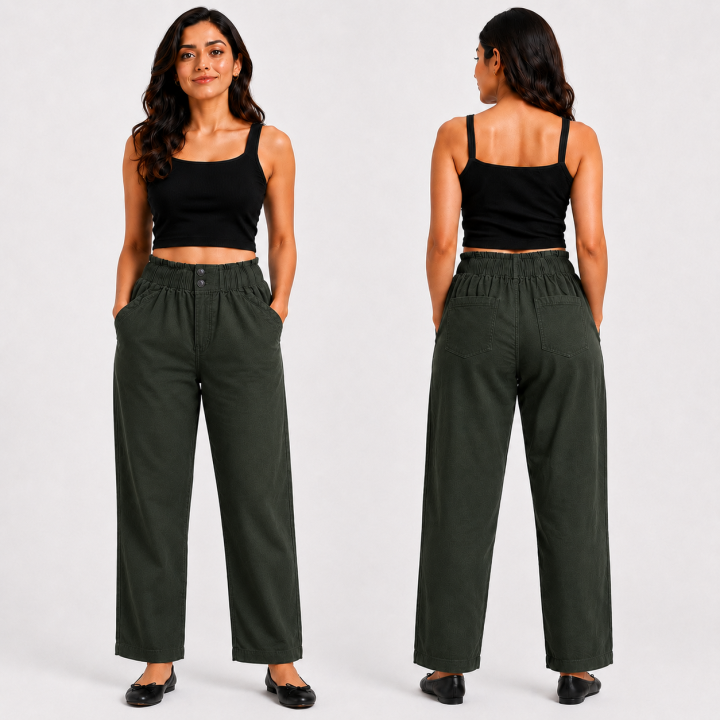 Women's 100 % Cotton Straight Fit Pants I Mid- Rise Design I Functional Pockets Pant