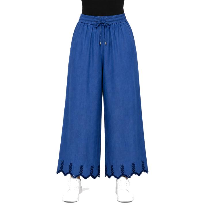 Women's Bell Bottom Plazo Pants I Cotton Indigo Denim Pants with Embroidery I Elastic Waist Wide Leg Bottom Wear