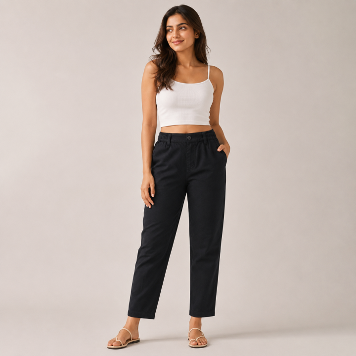 Women's 100 % Cotton Straight Fit Pants I Mid- Rise Design I Functional Pockets Pant I